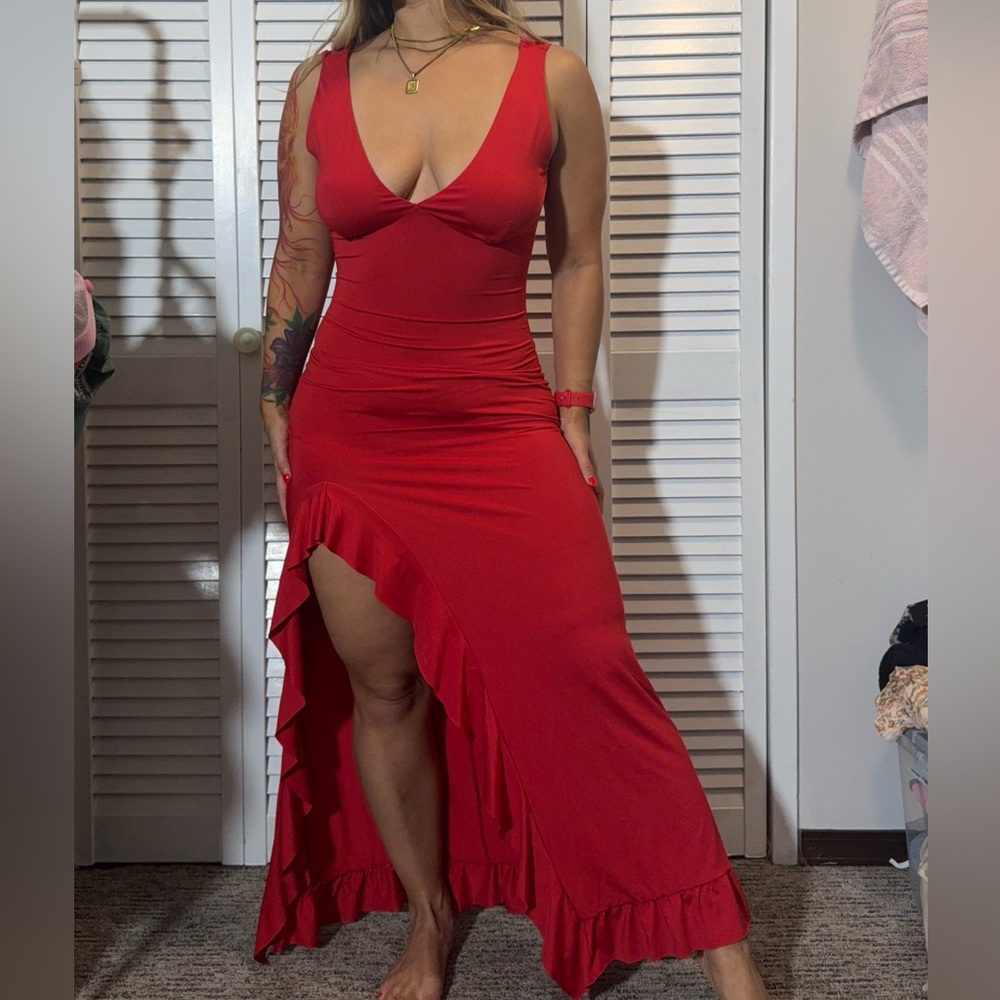 SHEIN Red High Low Dress Deep V